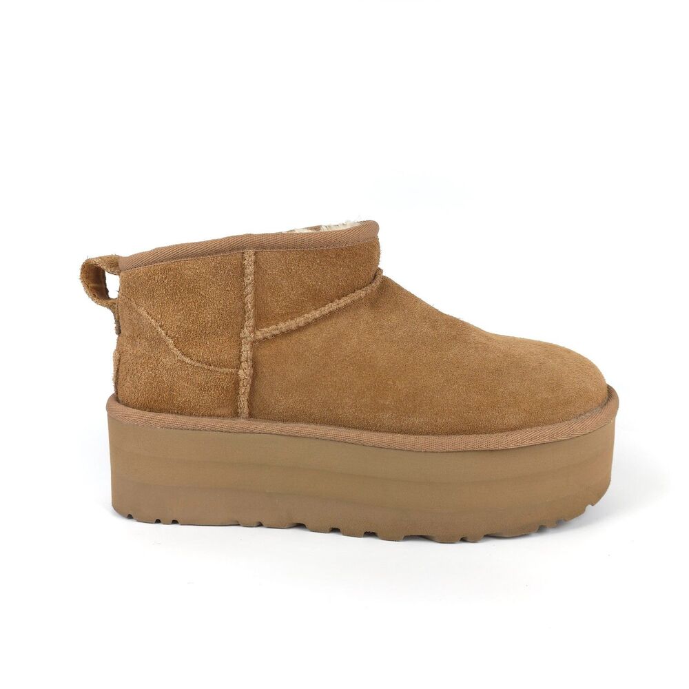 UGG Classic Ultra Mini Platform Boots Chestnut Suede Wool Sherpa Fur 90s Y2k 8